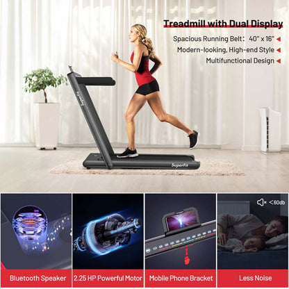2 in 1 Folding Treadmill, 2.25HP Under Desk Electric Treadmill, Portable Walking Running Machine with Dual Display & Smart App Control