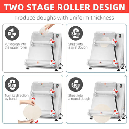 Commercial Pizza Dough Roller Sheeter, Max 16, Automatic 370W Electric Pizza Dough Roller, Stainless Steel, Suitable for Noodle, Pizza Bread and Pasta Maker Equipment