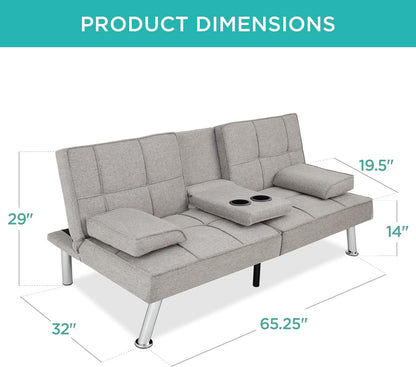 Best Choice Products Linen Upholstered Modern Convertible Folding Futon Sofa Bed for Compact Living Space, Apartment, Dorm, Bonus Room w/Removable Armrests, Metal Legs, 2 Cupholders - Gray
