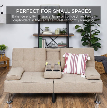 Best Choice Products Linen Upholstered Modern Convertible Folding Futon Sofa Bed for Compact Living Space, Apartment, Dorm, Bonus Room w/Removable Armrests, Metal Legs, 2 Cupholders - Gray