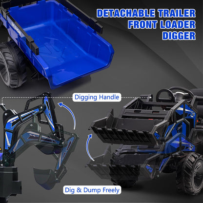 3-in-1 Ride-On Tractor, 24V Electric, Excavator & Bulldozer, Remote Control, LED, Music, USB/Bluetooth max 66 lbs – Bright-blue