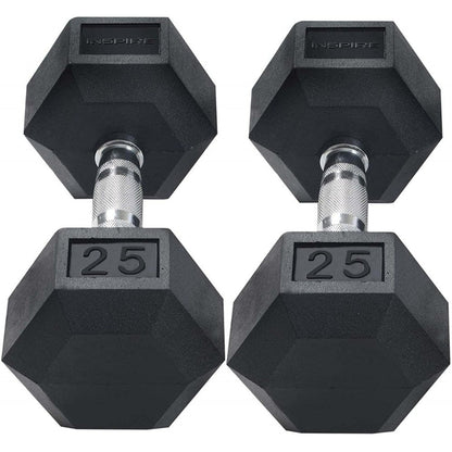 Inspire Fitness 210 lb. (5-30 lb.) Rubber Dumbbell Set with 6 pair Vertical Rack