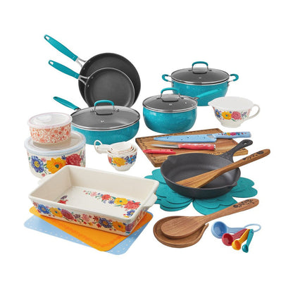 The Pioneer Woman Brilliant Blooms 38-Piece Cookware Set, Teal Complete Kitchen Solution with Floral Design