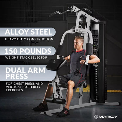 Marcy 150 Pound Stack Home Gym, Dual Function Arm Press & Leg Developer, Full Body Workout, Black/White